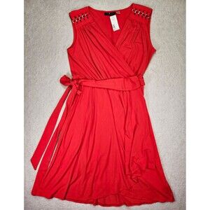 Status by Star Jones Faux Wrap Dress Womens M Sleeveless V Neck Stretch Hardware